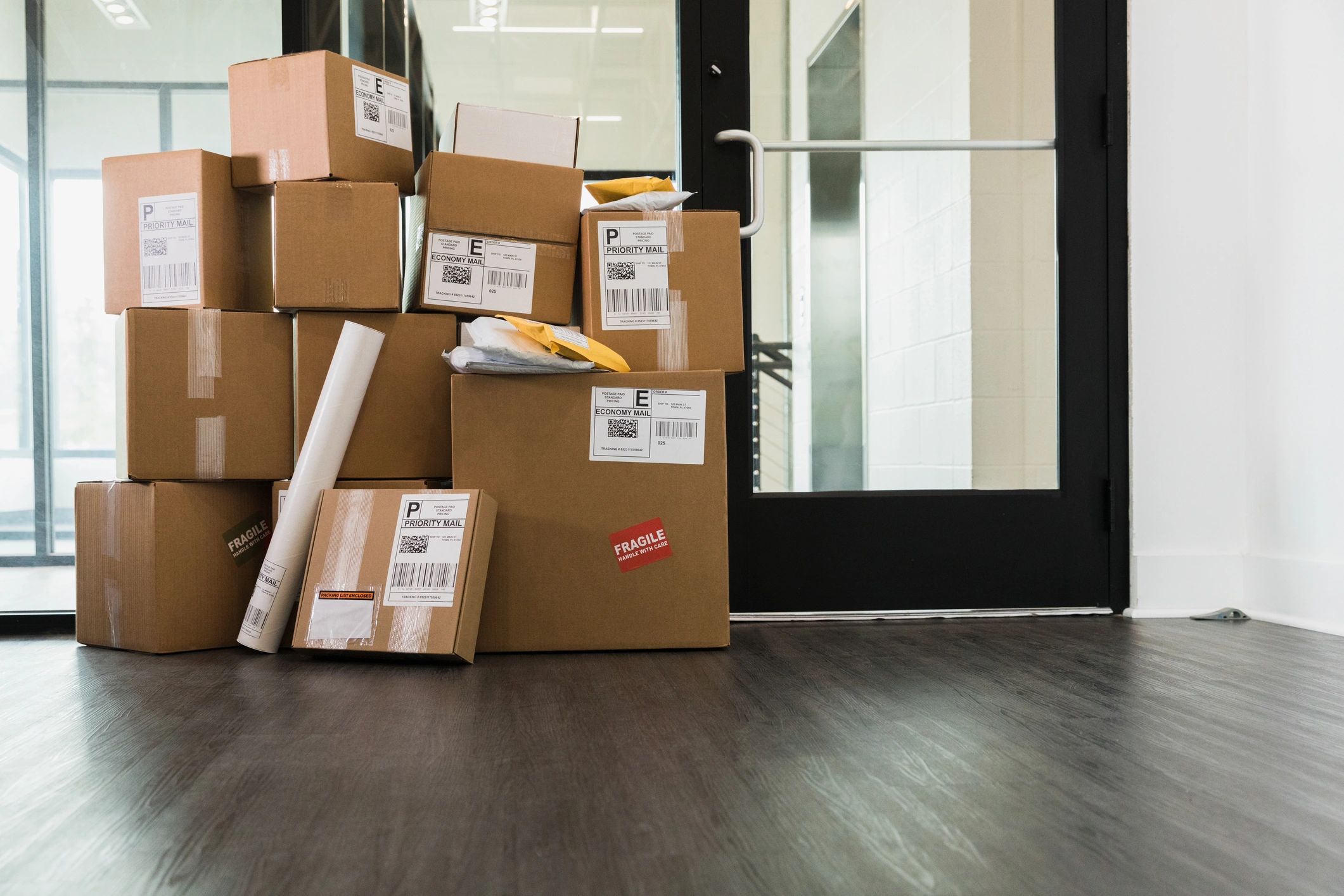 Delivered packages stacked indoors